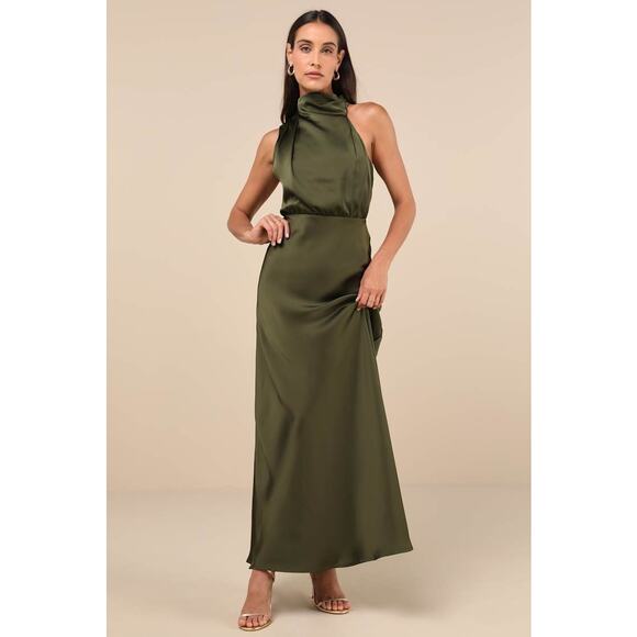 Lulus NWT Distinctive Charm Olive Green Satin Asymmetrical A-Line Maxi Dress - Picture 1 of 11